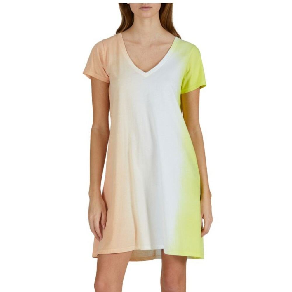 ATM Anthony Thomas Melillo T-Shirt Dress Women Medium Yellow Peach White Dip Dye